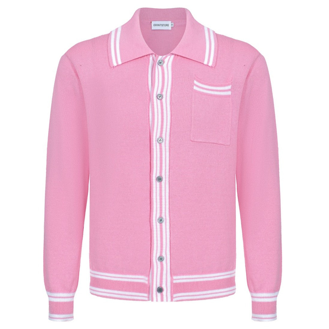 Men's Pink Knitted Long Sleeves Polo With Apricot Lines