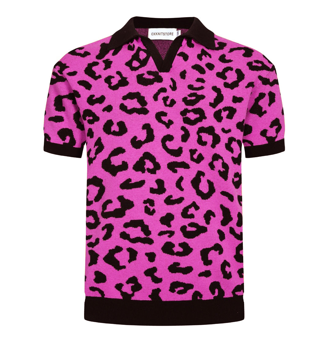 Men s Fuchsia Knitted Polo with Black Leopard