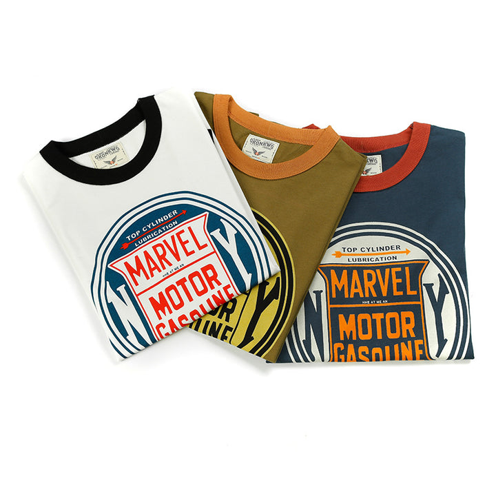 Men's casual retro printed motorcycle round neck color-blocked short-sleeved T-shirt