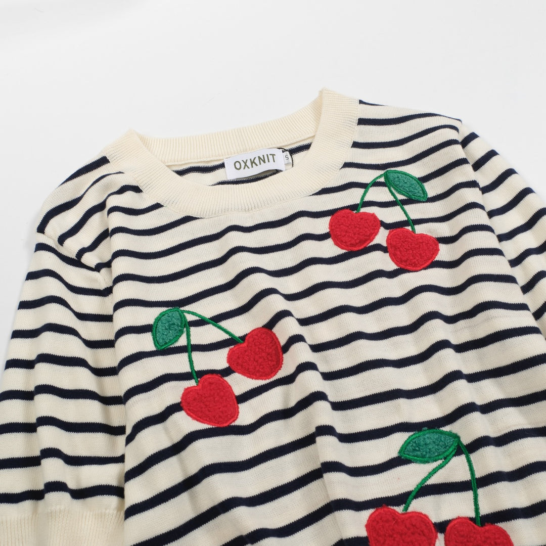 Women's striped cherry embroidery vintage knitwear