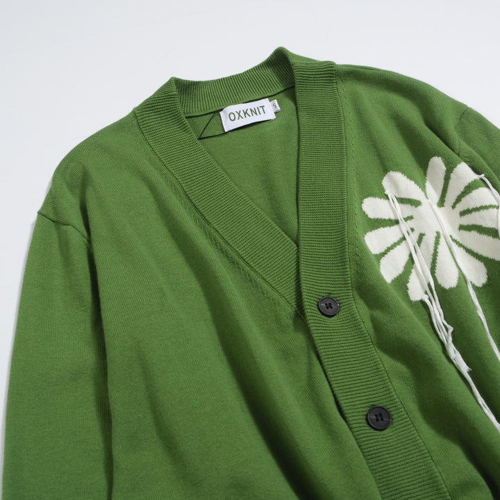 Men's green floral fringe cardigan sweater