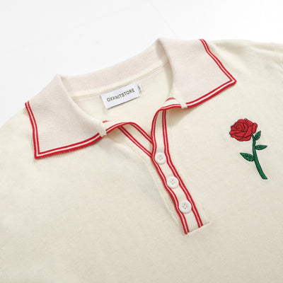 Men's white apricot rose embroidered polo shirt