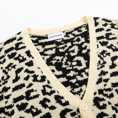 Men's vintage leopard print jacquard cardigan sweater