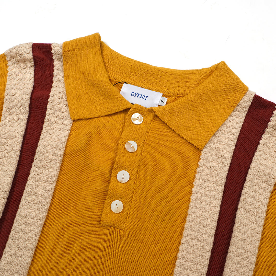 Men's Light Yellow Knit Polo With Red Wine & Off White Stripe