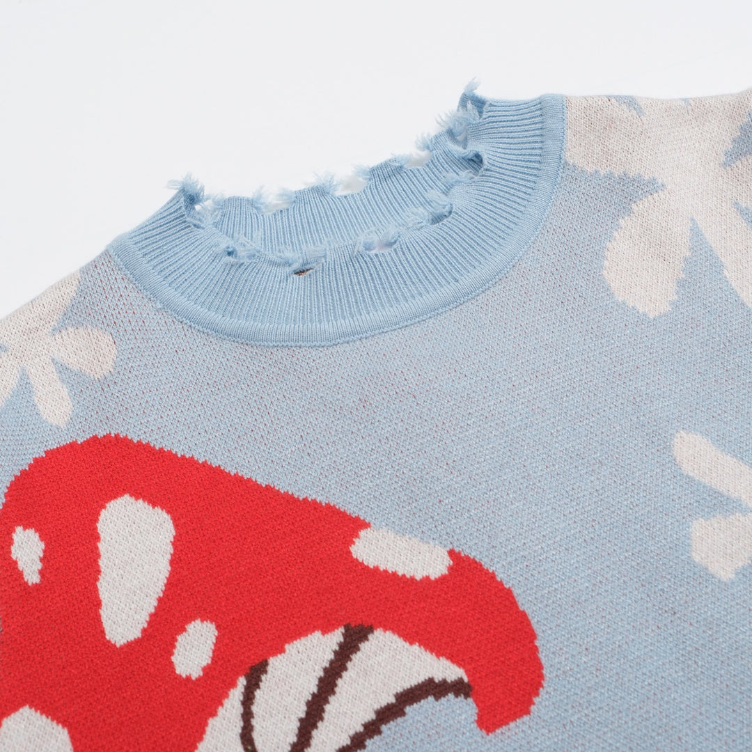 Women's blue mushroom jacquard woolen sweater