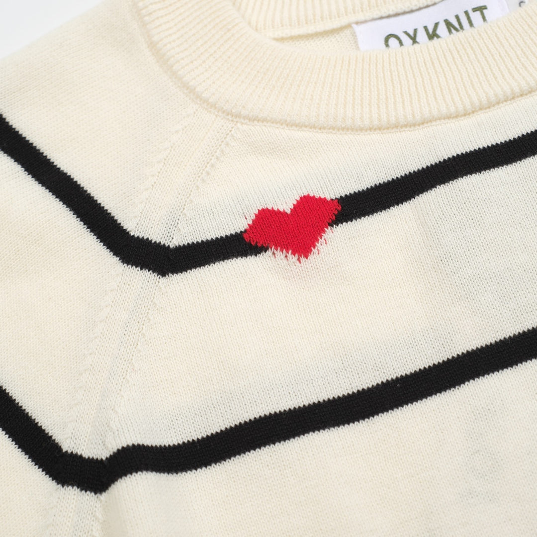 Women's white heart striped knitwear-Cropped Length