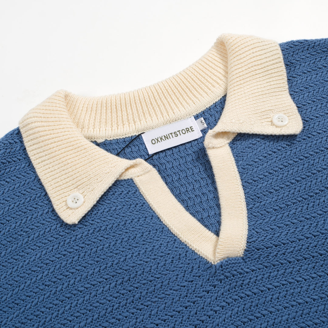 Men's blue knit V-neck polo shirt