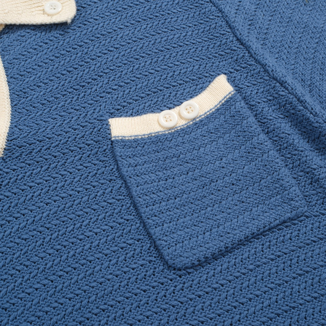 Men's blue knit V-neck polo shirt