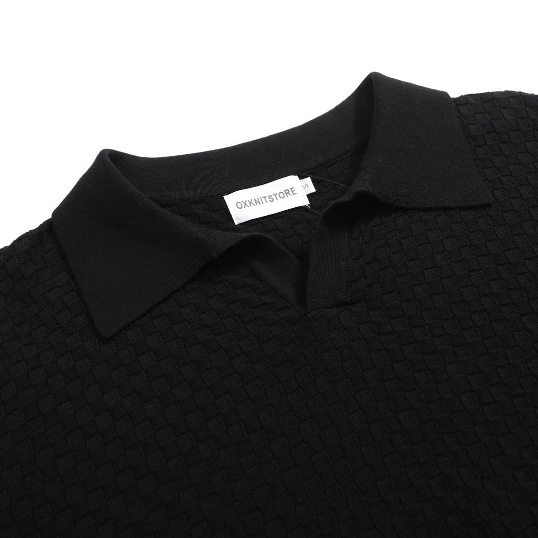 Men's Casual Retro Black Solid Color Knitted Polo Shirt