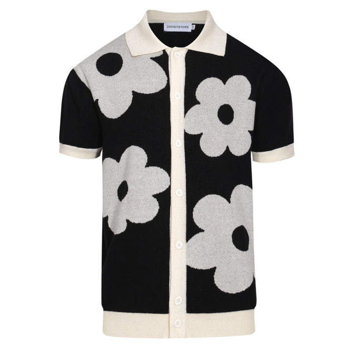 Polo de punto negro para hombres con floral blanco