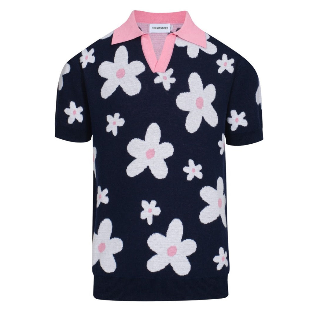 Men's dark blue floral V-neck knit Polo shirt