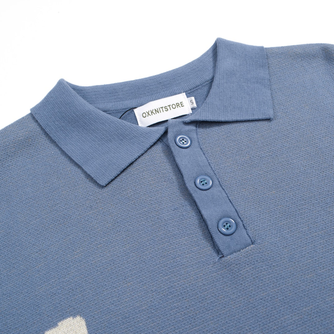 Men's blue art flower knit polo shirt