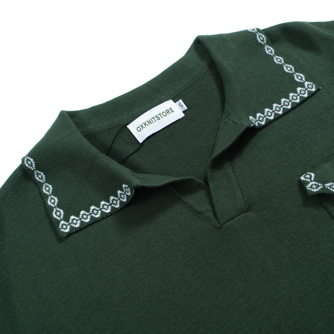 Men's green retro V-neck knit polo shirt