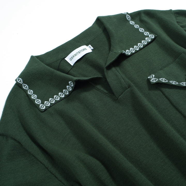 Men's green retro V-neck knit polo shirt