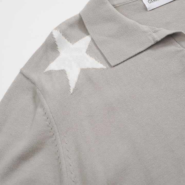 Men's grey star V-neck knit polo shirt