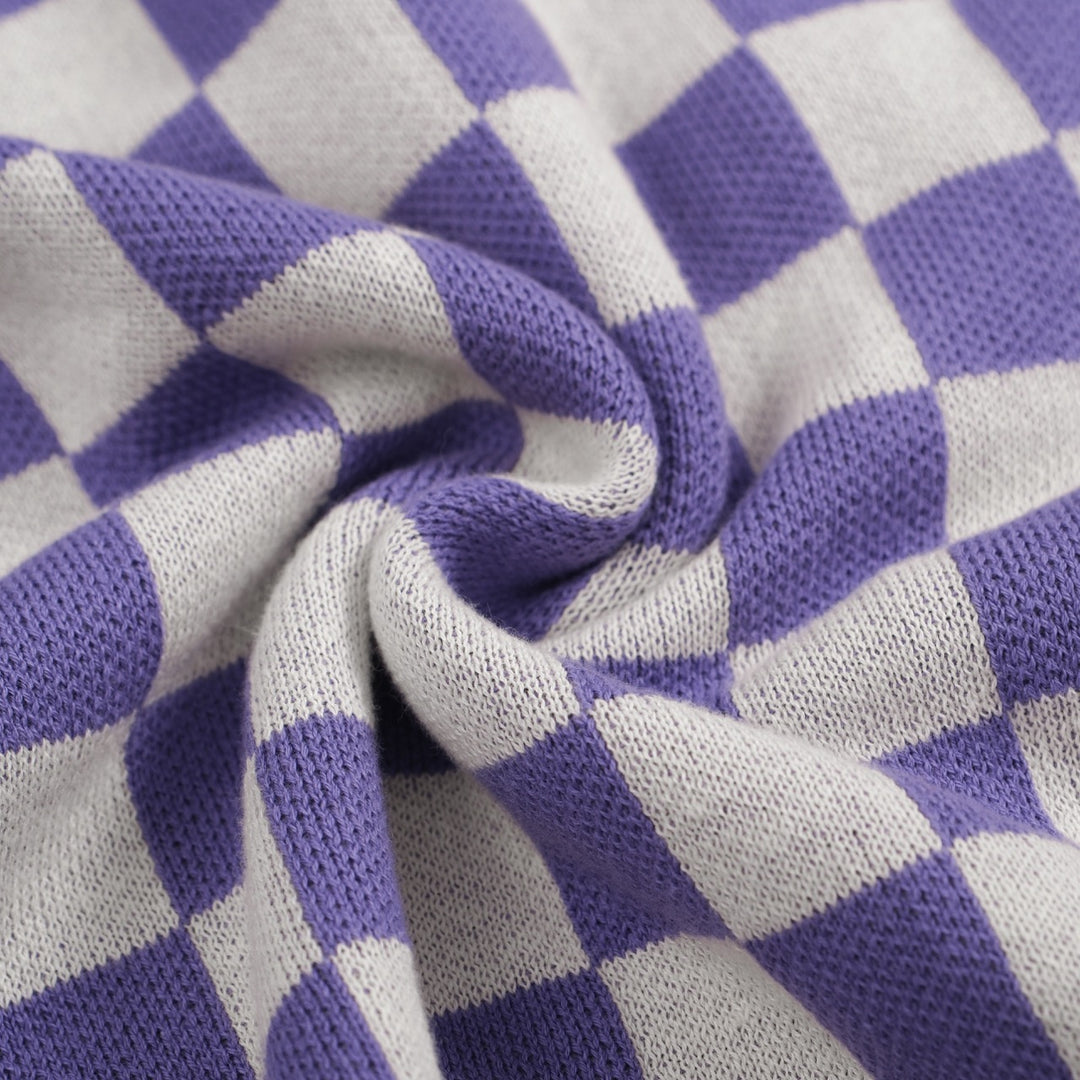 Men's purple plaid knitted short-sleeved polo