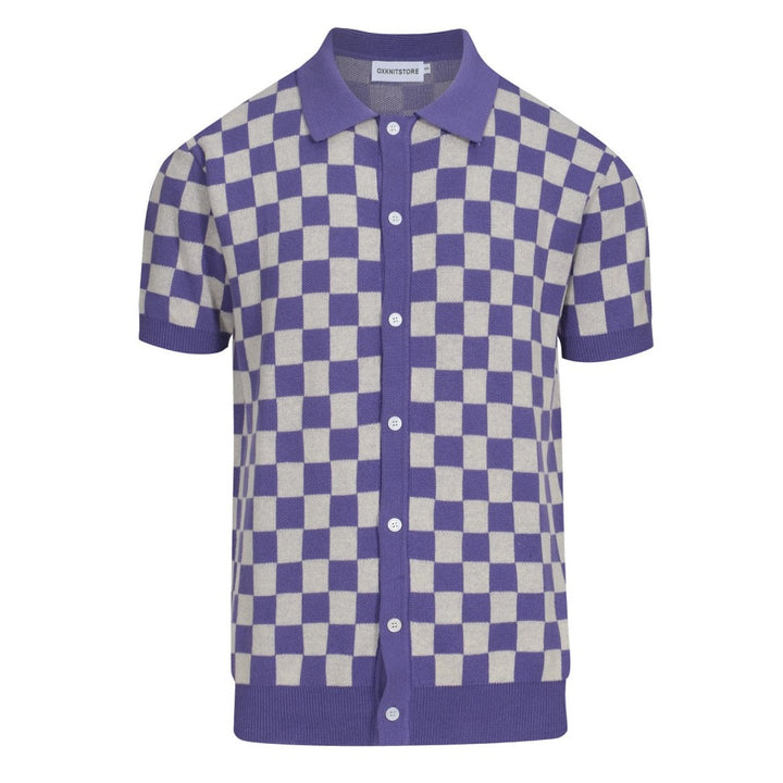 Men's purple plaid knitted short-sleeved polo