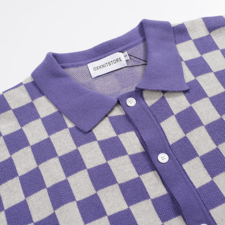 Men's purple plaid knitted short-sleeved polo