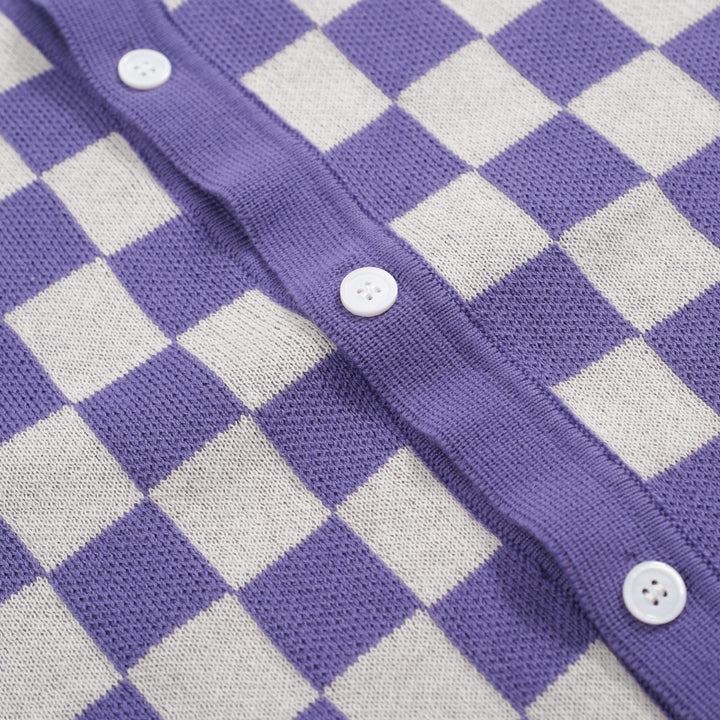 Men's purple plaid knitted short-sleeved polo