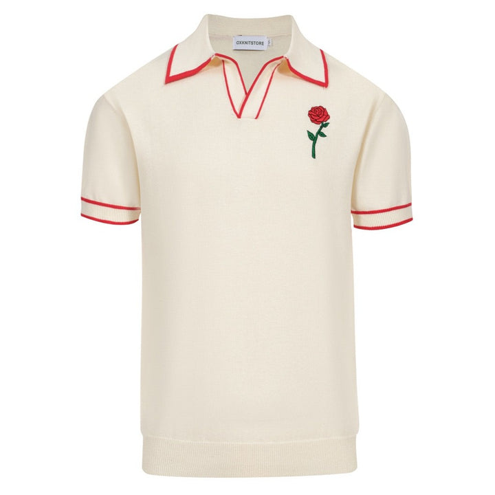 Men's red rose knit V-neck white apricot polo shirt