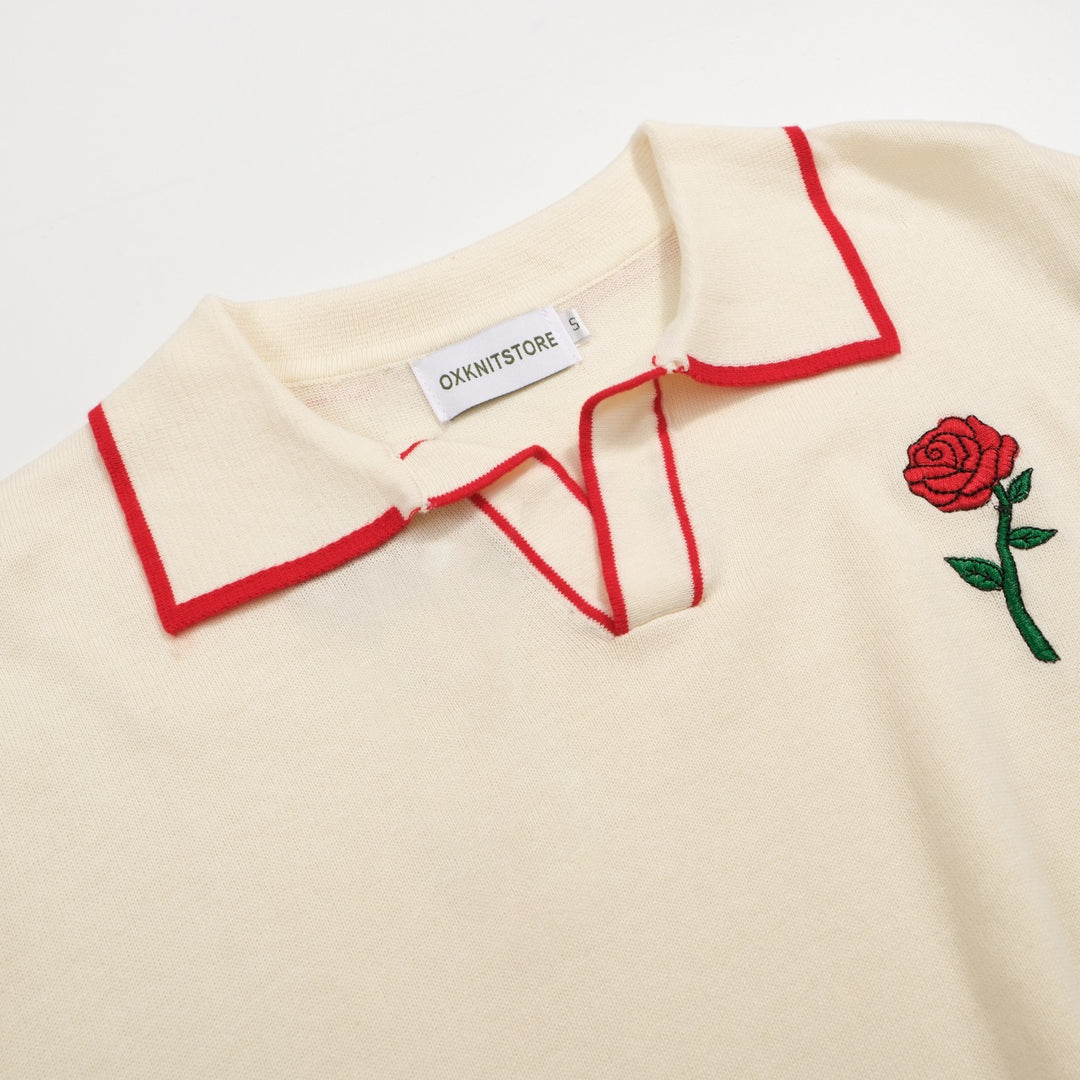 Herren Red Rose Strick V-Ausschnitt weißes Aprikosen-Polo-Hemd