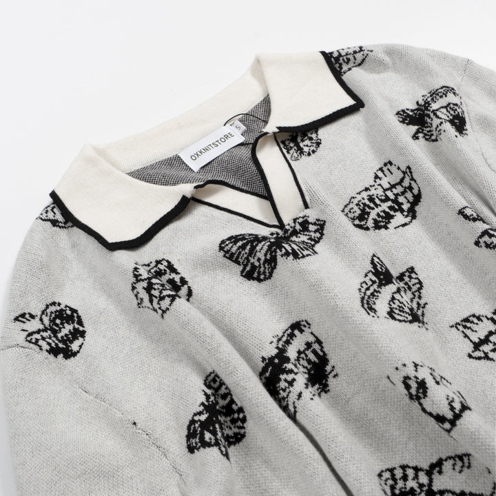 Men's white butterfly knit V-neck polo shirt