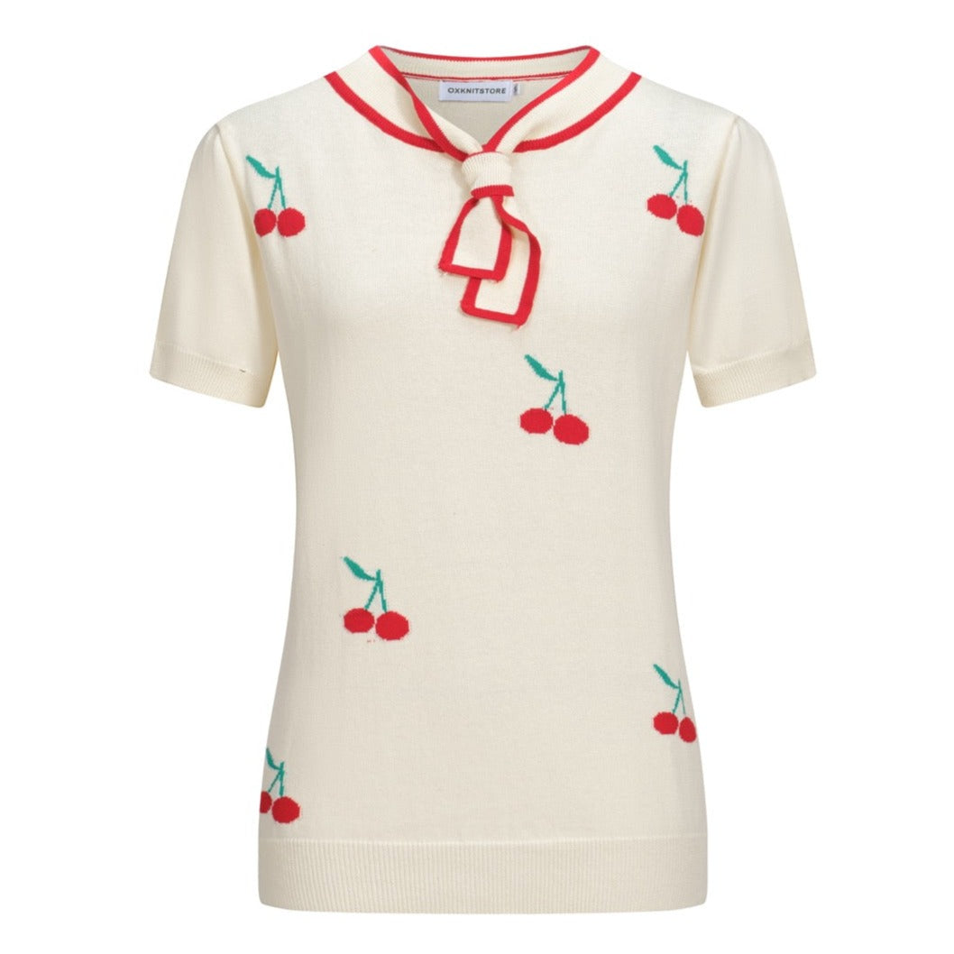 Women's rice apricot cherry embroidered knitted T-shirt