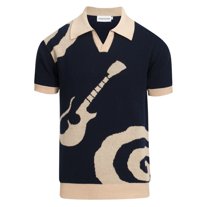 Men's navy blue vintage knit V-neck polo shirt