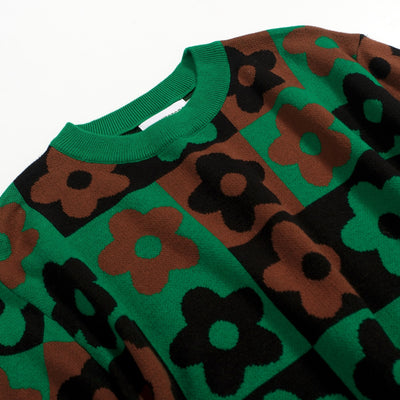 Men's green 60s floral crew-neck knit T-shirt