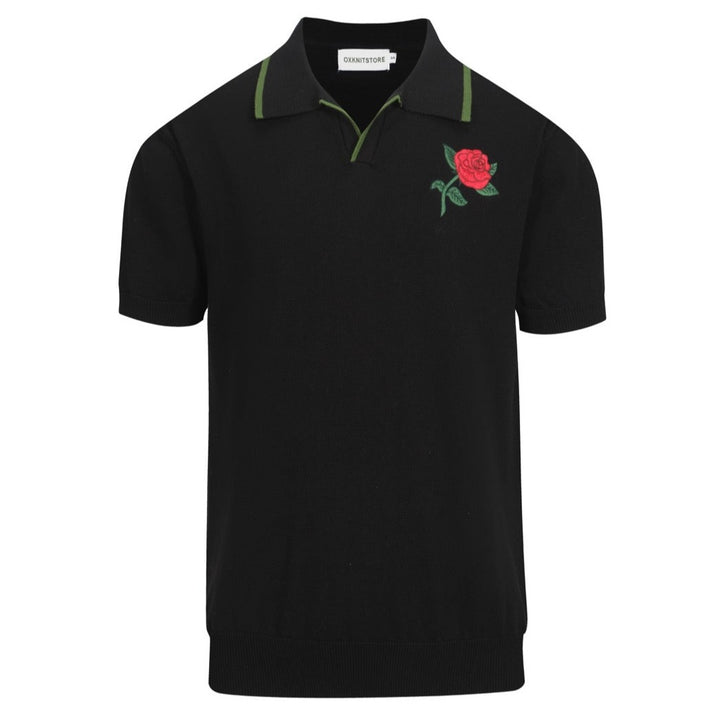 Men's black vintage floral embroidery knitted polo shirt