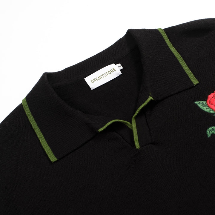 Men's black vintage floral embroidery knitted polo shirt