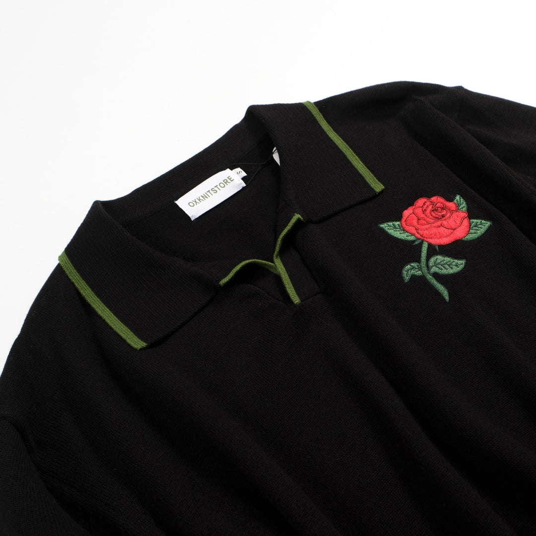 Men's black vintage floral embroidery knitted polo shirt