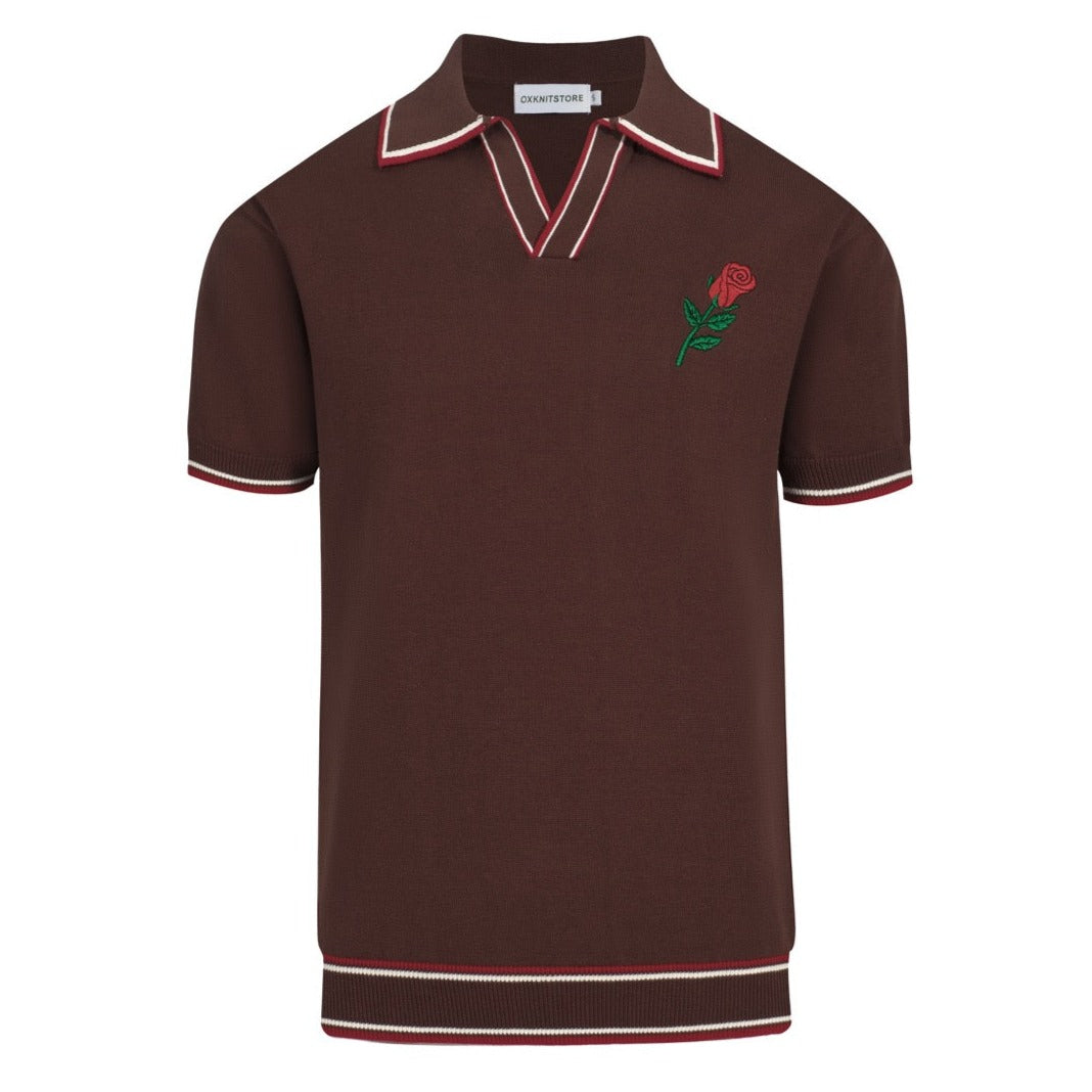 Men's brown vintage period V-neck embroidered knit polo shirt