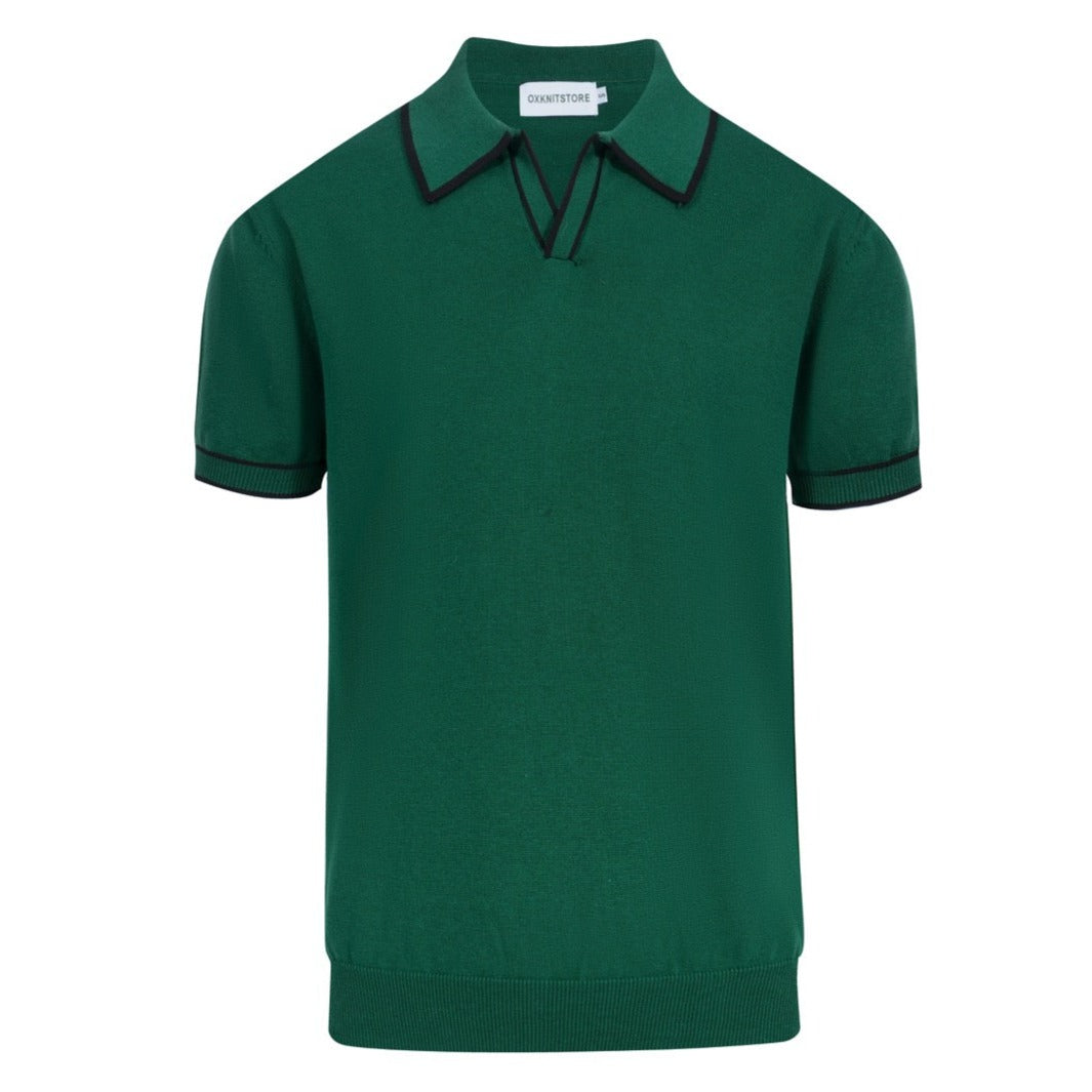 Men's retro green V-neck knit polo shirt