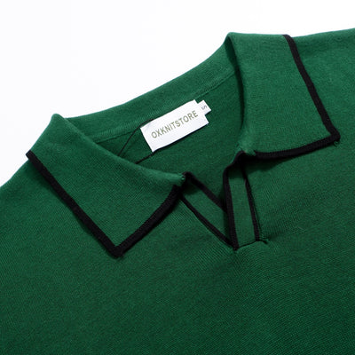 Men's retro green V-neck knit polo shirt