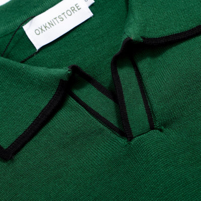 Men's retro green V-neck knit polo shirt