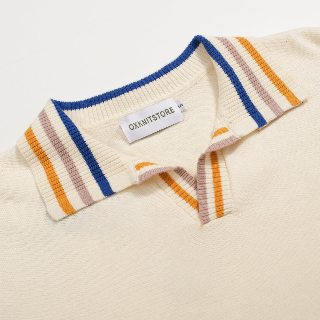 Men's vintage striped knit V-neck polo shirt