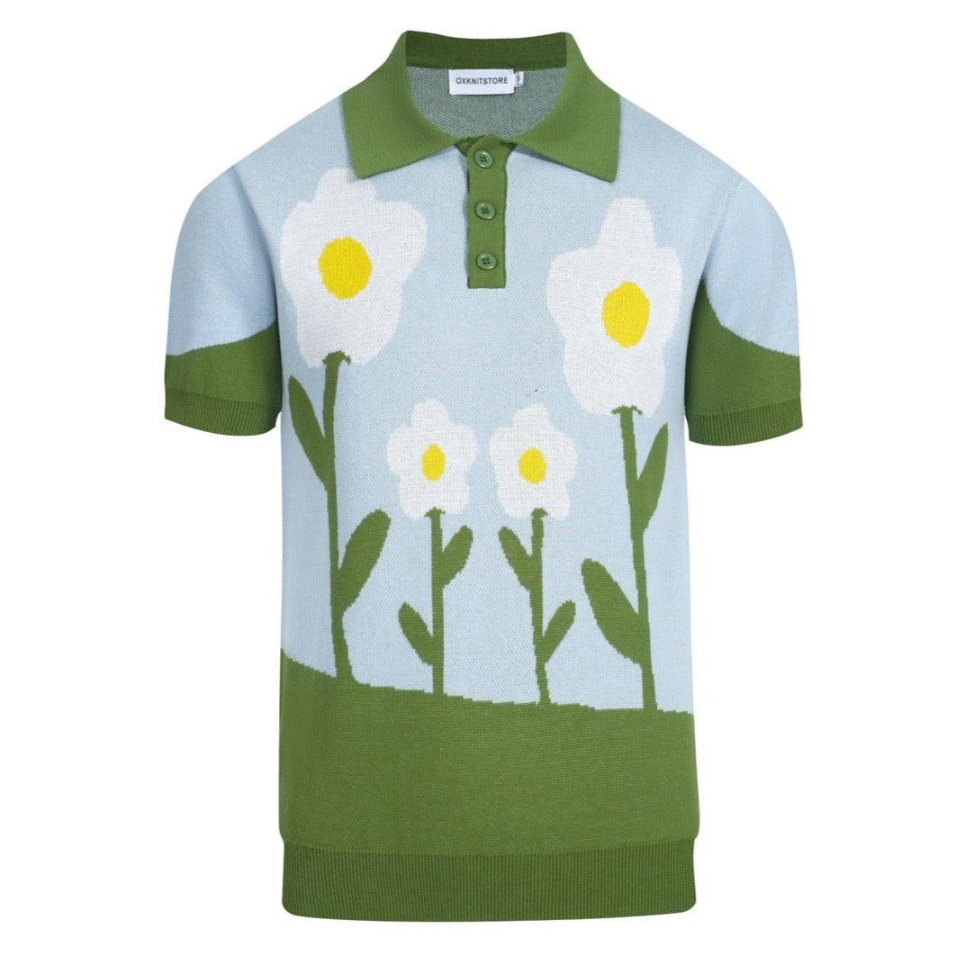 Men's green floral knitted cotton polo shirt