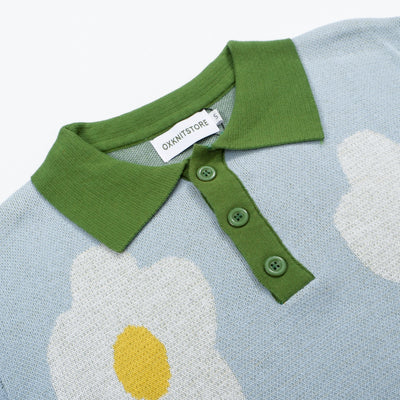 Men's green floral knitted cotton polo shirt