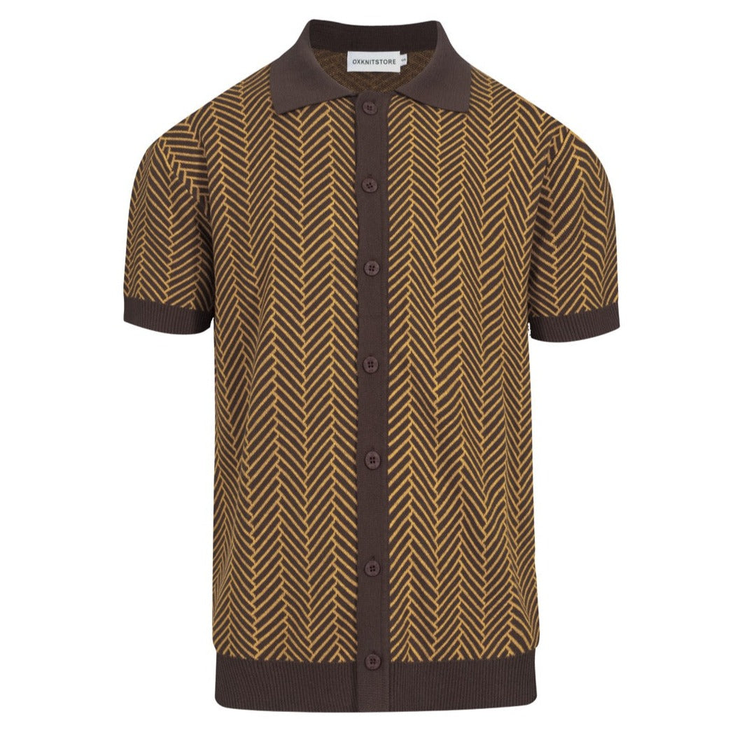 Men's brown knitted cotton jacquard cardigan