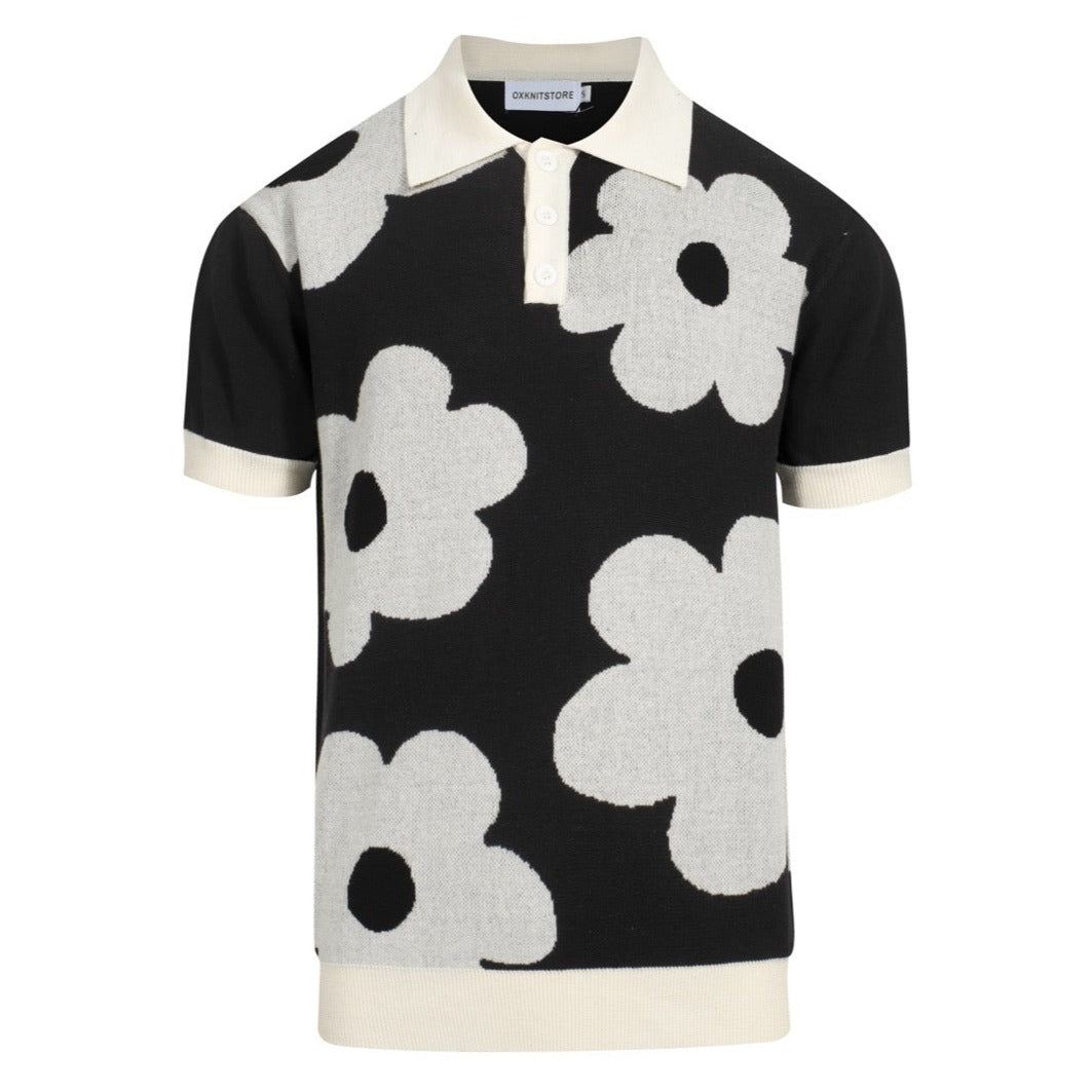 Men's black 60s floral knit polo shirt