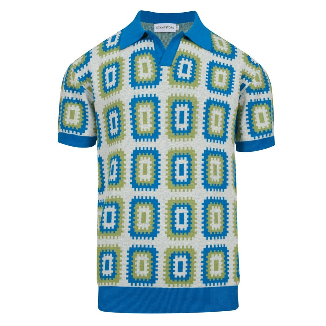 Men's blue graphic V-neck knit polo shirt