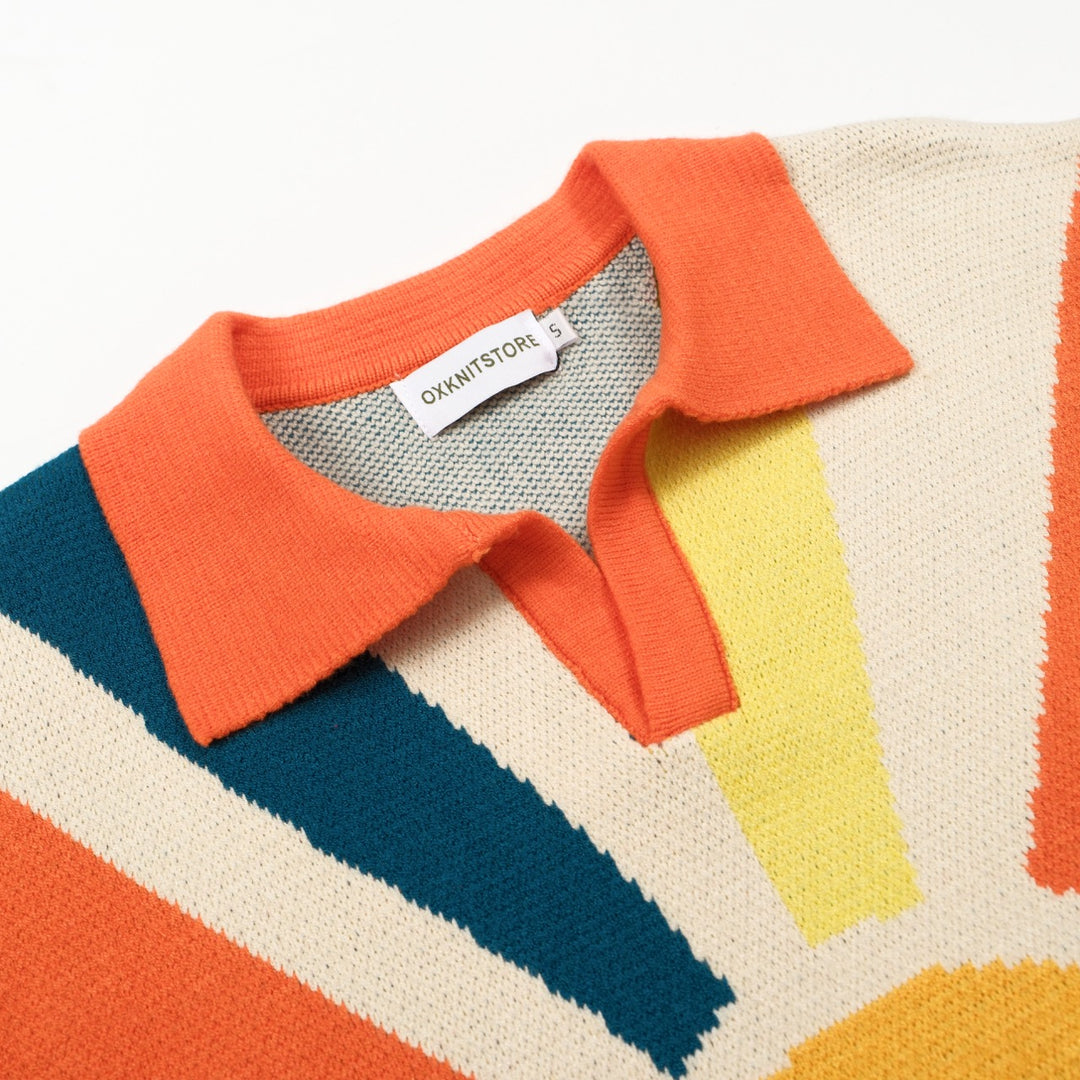 Men's orange rainbow striped knit polo shirt