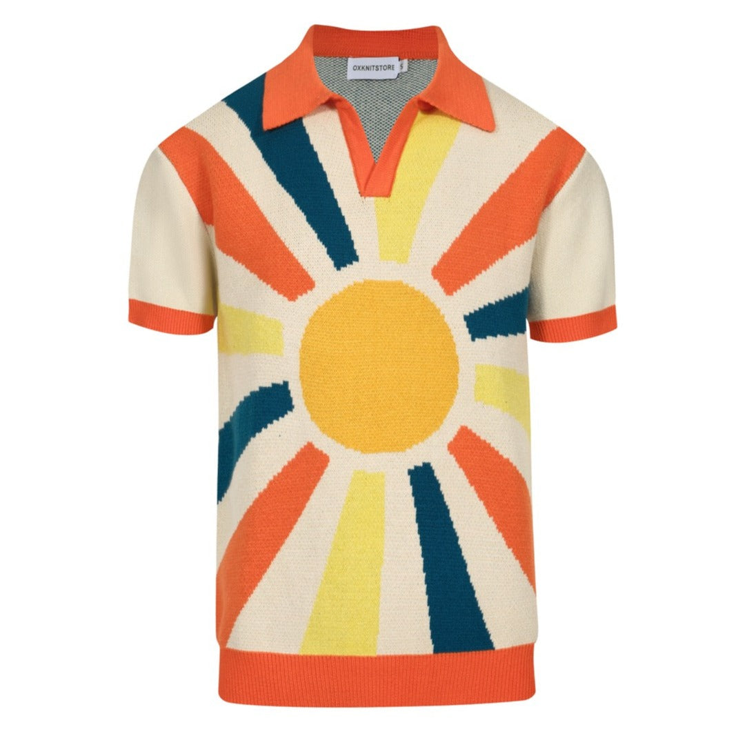 Men's orange rainbow striped knit polo shirt