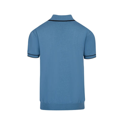 Men's blue embroidered knit V-neck polo shirt