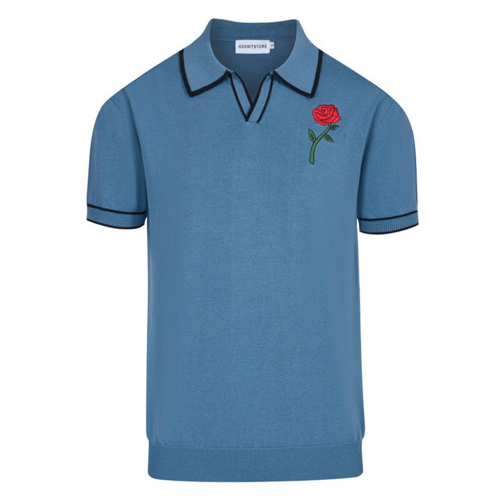 Men's blue embroidered knit V-neck polo shirt