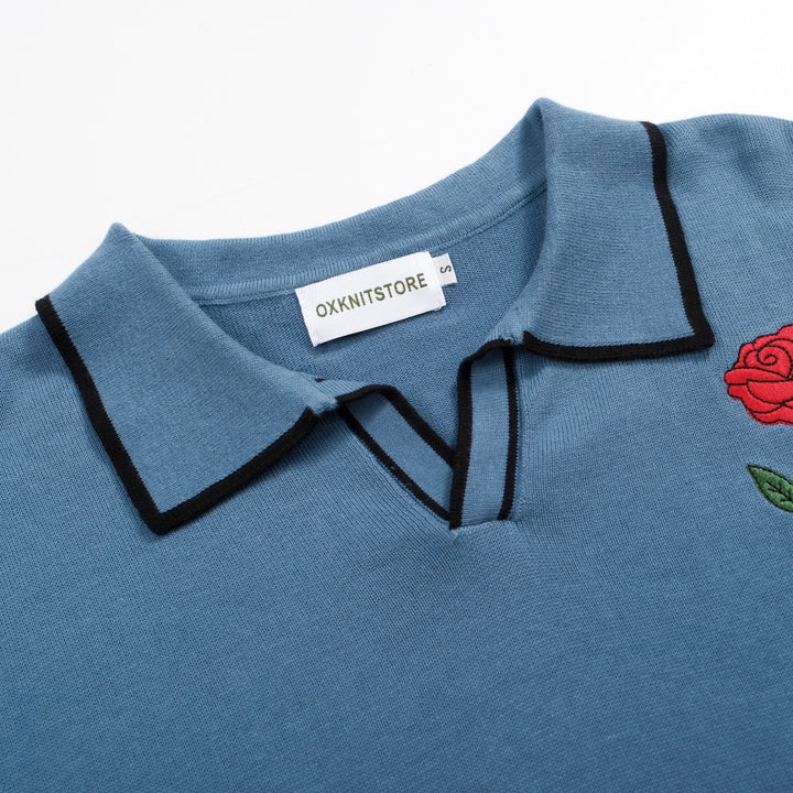 Men's blue embroidered knit V-neck polo shirt