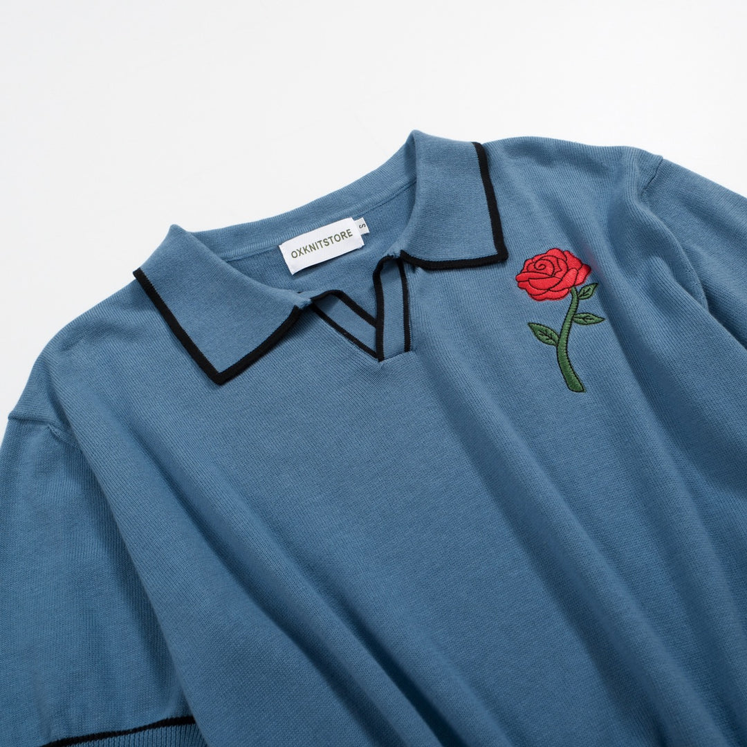 Men's blue embroidered knit V-neck polo shirt