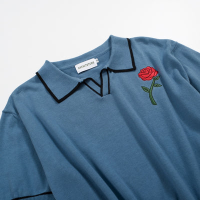 Men's blue embroidered knit V-neck polo shirt