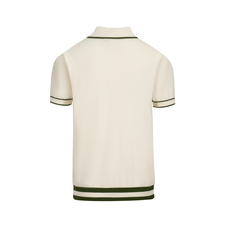 Men's white and green embroidered V-neck knit polo shirt